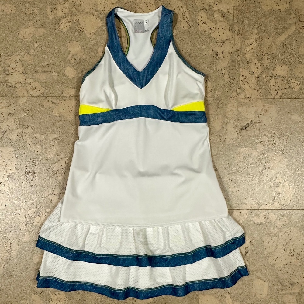 Lucky in Love White Tennis Set with Blue Trim and Yellow Accents